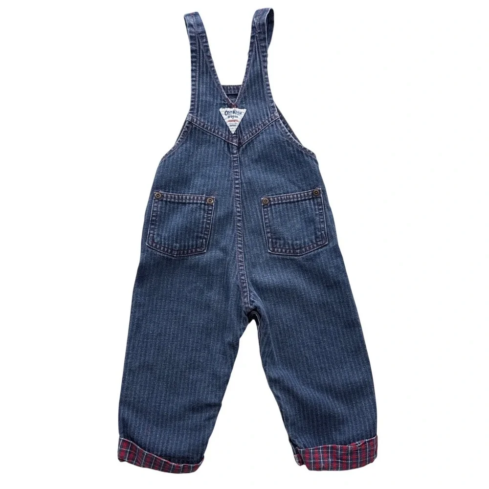 OshKosh B'gosh Denim Overalls Kids 2T Blue Excellent Plaid Lined
